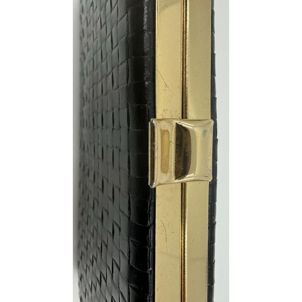 Vintage Shirl Miller Ltd Black Woven Leather Clutch Purse Gold Frame Made in USA